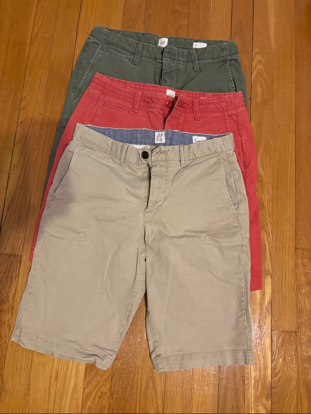 GAP Men's Chino Shorts Trio - Beige, Red, Olive. You get all 3 pairs